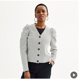 NINE WEST Black White Striped Puff Sleeve V Neck Button Up Cardigan SweaterTop S